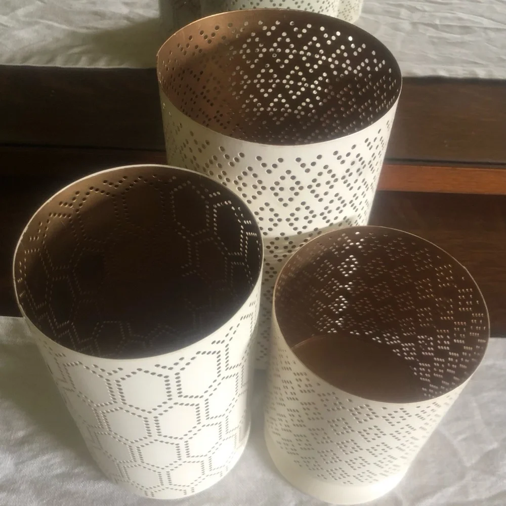 Threshold Laser-Cut Diamond Pattern Metal Candle Holders, White & Gold, Set Of 3